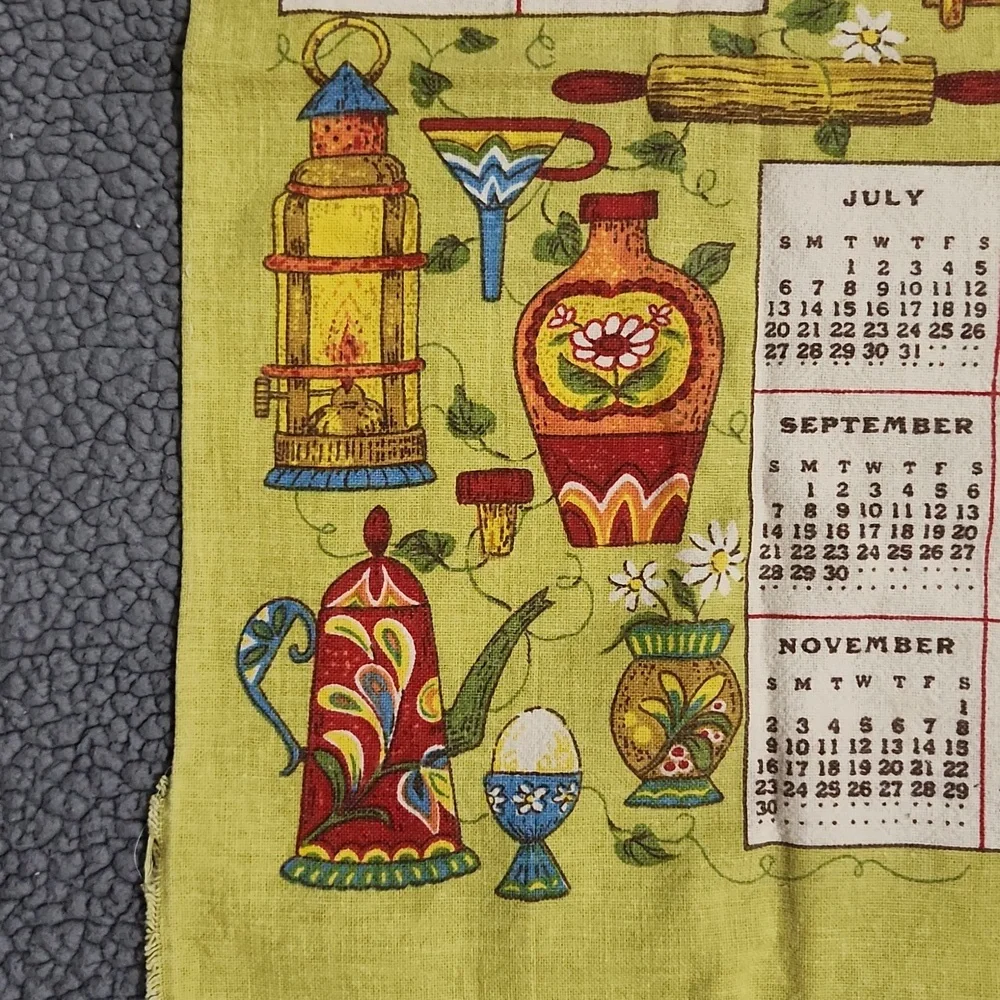Vintage 1980 Calendar Kitchen Prayer Tea Towel Light Green